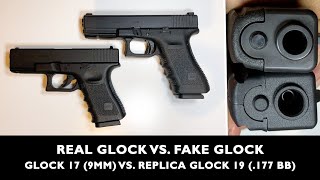 Real Glock vs Fake Glock 9mm Glock 17 vs Glock 19 Replica Airgun BB  Compare Glock BB vs 9mm [upl. by Juback]