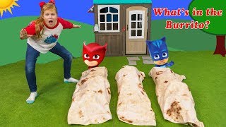 Assistant and Waggles Play What is Inside the Burrito with PJ Masks [upl. by Ellehcirt]