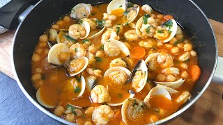 Garbanzos con gambas y almejas ¡En 20 minutos comida lista [upl. by Amati]