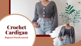 SIMPLE Crochet Cardigan Tutorial  DIY  Cropped Crochet Cardigan  Crochet Sweater Tutorial [upl. by Essyla]