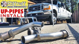 2001 F350 73  RiffRaff UpPipes Install  Stock up pipes leaking and falling apart JUNK SP [upl. by Ahsienek192]