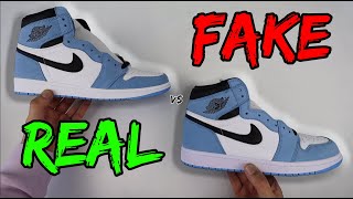 REAL VS FAKE NIKE AIR JORDAN 1 UNIVERSITY BLUE COMPARISON [upl. by Yliak]