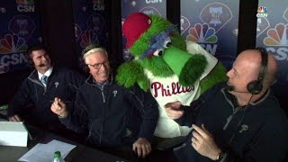 ATLPHI Phillie Phanatic joins broadcast booth [upl. by Grosmark]