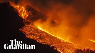 Mount Etna illuminates night sky with lava fountain [upl. by Ardnac]