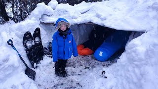 Survival Shelter Winter Camping in Blizzard  Deep Snow Camping in Alaska [upl. by Nwahsal]