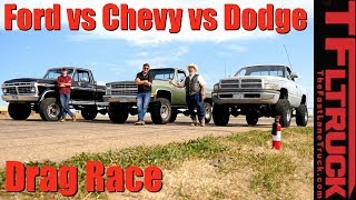 Classic Drag Race Chevy K10 Big Green vs Ford F250 Rusty Boy vs Dodgezilla Ram Overkill [upl. by Rednal]