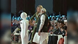 Mitra robot greets Ivanka Trump PM Modi at GES 2017  Global Entrepreneurship Summit [upl. by Kenna110]