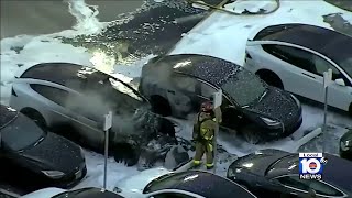 Tesla erupts in flames at Fort Lauderdale dealership [upl. by Valma]