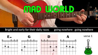 MAD WORLD  Guitar lesson  Acoustic guitar with chords amp lyrics  Gary Jules [upl. by Odey]