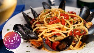 Seafood Pasta Recipe  SPAGHETTI with MUSSELS White Wine and Tomatoes [upl. by Thorlay167]